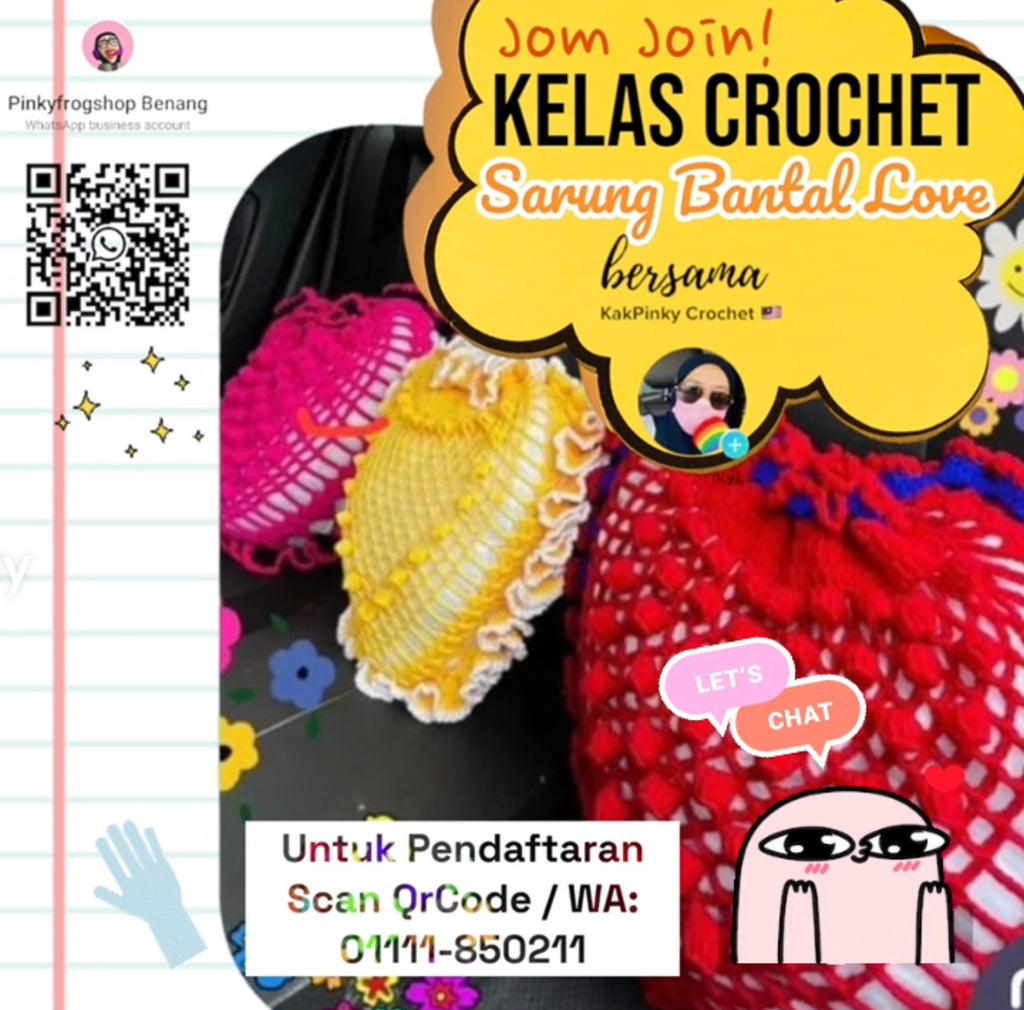 Kelas Crochet Sarung Bantal Love di Pinkyfrog Studio.